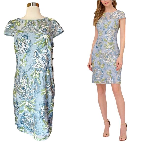 ADRIANNA PAPELL Sheath Cocktail Dress Blue Embellished Sequins Short Sleeves 8 - Picture 1 of 12